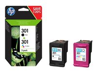 HP 301 - 2-pack - svart, färg (cyan, magenta, gul) - original - bläckpatron - för HP DeskJet 1000, 1010, 1050 AiO, 1050A AiO, 1510 AiO, 2000, 2050 AiO, 2050A AiO, 2510 AiO, 2540 AiO, 3000, 3050 AiO, 3050A eAiO, 3510 eAiO series, HP ENVY 4500 eAiO, 55 N9J72AE